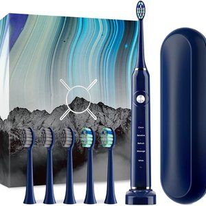 JTF Sonic Electric Toothbrush for Adults with 6 Brush Heads and Travel Case,Blue